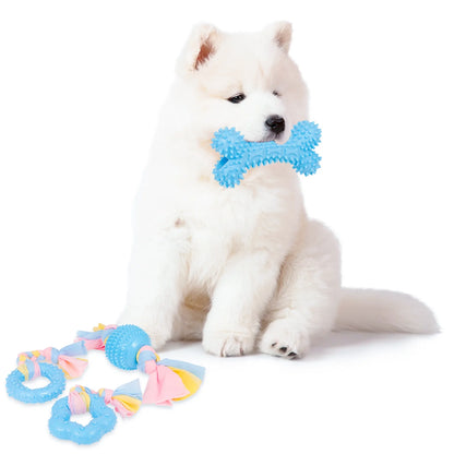 7 Pcs Puppy Chew Toys for Teething Cleaning, Teething Rubber Toys for Puppy, Interactive Dog Soothes Gums and Pain Lessens Toys, Dog Toys with Rope for Aggressive Chewers Small Dogs(Blue)