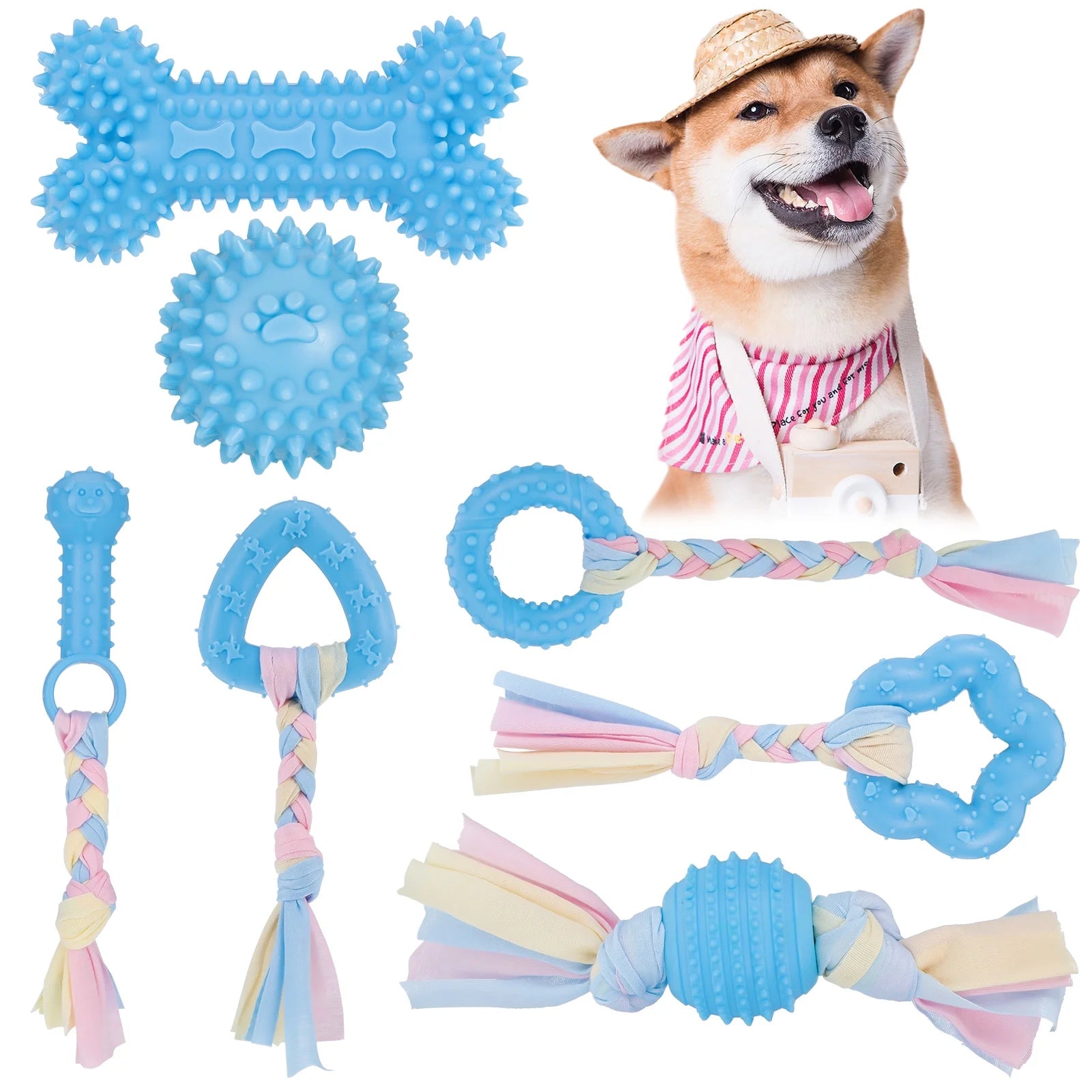 7 Pcs Puppy Chew Toys for Teething Cleaning, Teething Rubber Toys for Puppy, Interactive Dog Soothes Gums and Pain Lessens Toys, Dog Toys with Rope for Aggressive Chewers Small Dogs(Blue)