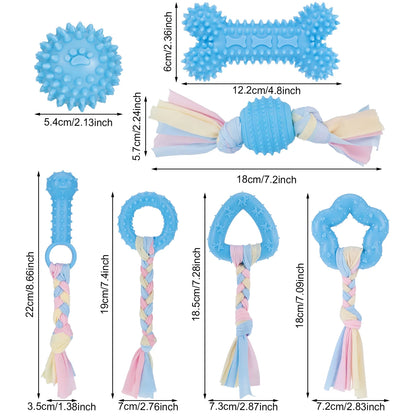 7 Pcs Puppy Chew Toys for Teething Cleaning, Teething Rubber Toys for Puppy, Interactive Dog Soothes Gums and Pain Lessens Toys, Dog Toys with Rope for Aggressive Chewers Small Dogs(Blue)